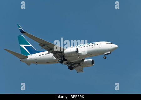 ABoeing macht das 737-700 tragen die WestJet Airlines Farben einen Endanflug auf eine Start-und Landebahn am Lester B. Pearson International Getraenke Stockfoto