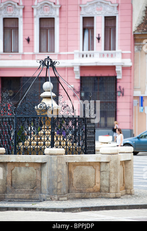 Der Brunnen im Rathausplatz (Piata Sfatului) in der Stadt Brasov, Rumänien, am 30. Juli 2010. Stockfoto