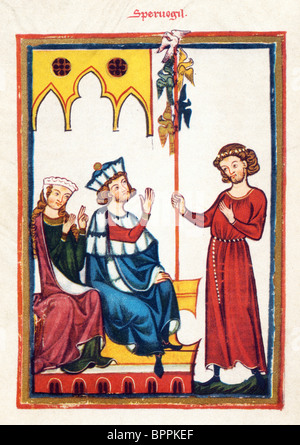 Beleuchtung aus dem 14. Jahrhundert Codex Manesse; 12. Jahrhundertdichter Spervogel dem König seine Poesie anzubieten Stockfoto