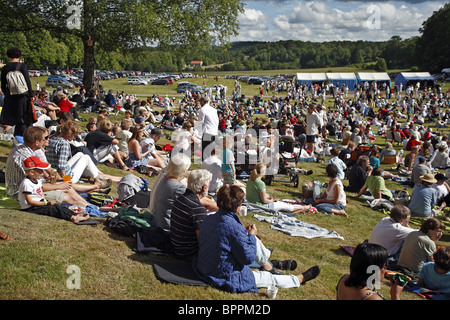 Mittsommer-Picknick. Skandinavischen Menschen zusammenkommen, um Mittsommer Feiern. In Nääs Anwesen in der Nähe von Göteborg, Schweden. Stockfoto