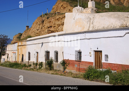 Wohnungen in Höhlenwohnungen Viertel (Barrio de Las Cuevas), Guadix, Provinz Granada, Andalusien, Südspanien, Westeuropa Höhle. Stockfoto