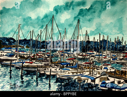 Aquamarin Seelandschaft Jachthafen Segelboot Malerei Stockfoto