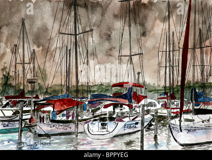 nautische Seelandschaft Boot marine Sepia schwarz-weiß Illustration Aquarell Kunst Stockfoto