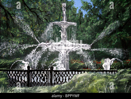 Forsyth Brunnen Savannah Georgia GA Wasser Brunnen Forsythe Park Ölgemälde auf Leinwand Stockfoto