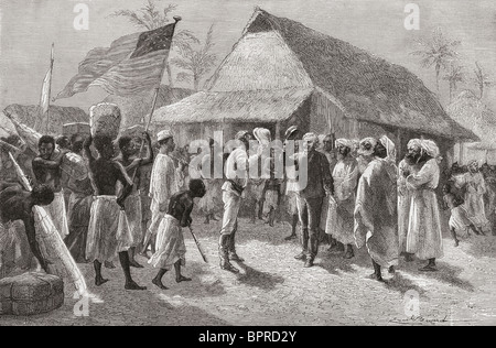 Stanley´s Treffen mit Livingstone 10. November 1871, in Ujiji in der Nähe von Lake Tanganyika, Ost-Afrika. Stockfoto