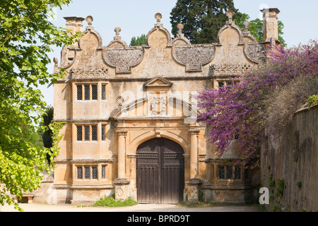 Die jakobinischen Cotswold Stein Torhaus, Stanway House, Stanway, Gloucestershire Stockfoto