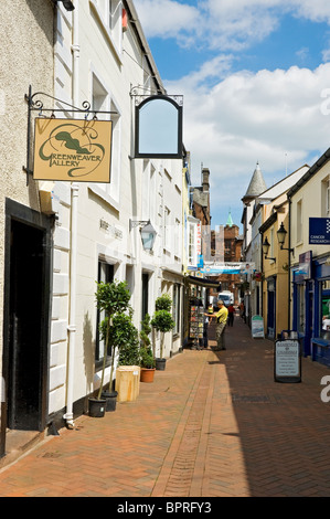 Geschäfte Geschäfte in Angel Lane im Sommer Penrith Stadtzentrum Cumbria England Vereinigtes Königreich GB Großbritannien Stockfoto