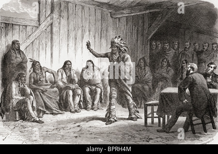 Crow Indian Chief Bear´s Zahn auf dem großen Friedensrat in Fort Laramie, 12. November 1867. Stockfoto