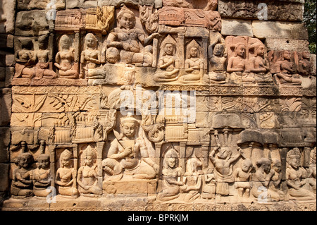 Tiefen Reliefs, Leper King Terrasse, Angkor, Siem Reap, Kambodscha Stockfoto