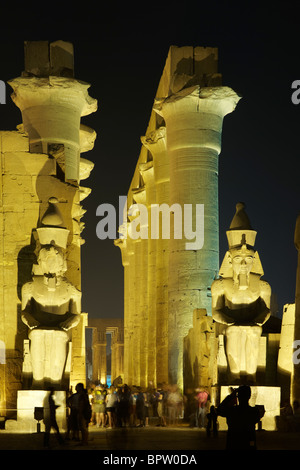 Nachtaufnahme Statuen von Ramses II. vor der Kolonnade im Inneren Tempel von Luxor, Theben, Ägypten, Arabien, Afrika Stockfoto