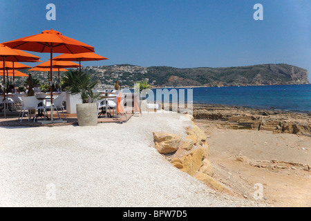 Strandbar La Veleta, Avenida de Meditteraneo, Javea, Costa Blanca, Spanien Stockfoto