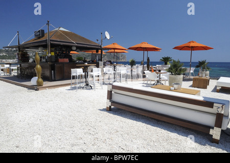 Strandbar La Veleta, Avenida de Meditteraneo, Javea, Costa Blanca, Spanien Stockfoto