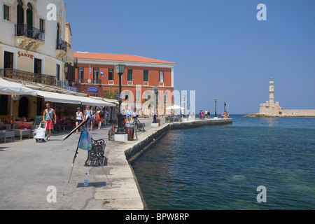 Venezianischen Hafen und Leuchtturm, Chania, Kreta, Griechenland Stockfoto