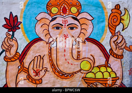 Wandmalerei von Ganesh in Jaisalmer Fort, Jaisalmer, Rajasthan, Indien Stockfoto