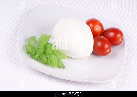 Basilikum, Mozzarella di Bufala (Büffelmozzarella) und Cherry-Tomaten auf einem weißen Teller. Könnte als Symbol der italienischen Flagge verwendet werden. Stockfoto