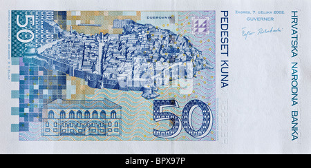 Blick auf Dubrovnik auf der Rückseite einer kroatischen 50 Kuna Banknote Stockfoto