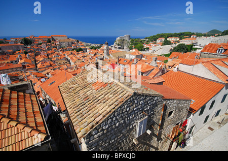 DUBROVNIK, KROATIEN. Die Terrakotta-Dächer der Altstadt, von der Stadtmauer aus gesehen. Stockfoto