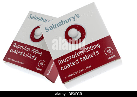 Zwei Boxen von 16 Sainsburys 200 mg Ibuprofen Dragees Stockfoto