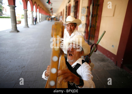 Ein blinder street Performer spielt die Harfe, wie er singt traditionelle mexikanische Lieder für Touristen in Cholula, Mexiko, 20. September, 20 Stockfoto