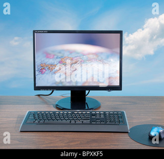 Globus am Computer-Bildschirm am Schreibtisch Stockfoto