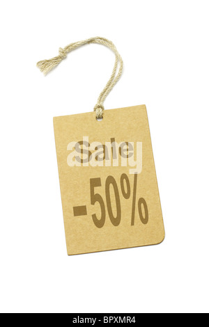 50 % Rabatt Preisschild auf weißem Hintergrund Stockfoto