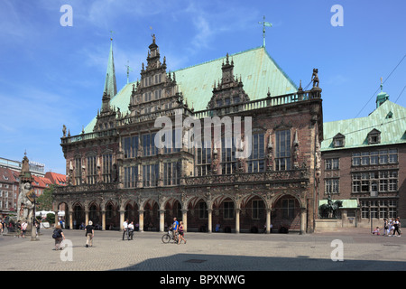 Rolandstandbild Und Rathaus am Marktplatz in Bremen, Weser, Freie Hansestadt Bremen Stockfoto