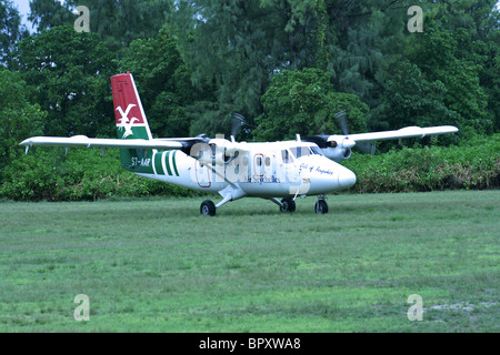 Die täglichen Air Seychelles DHC-6 Twin Otter, Twin-Propeller-Flugzeug (Isle of Farquhar) Ankunft auf der Vogelinsel-Flugplatz Stockfoto