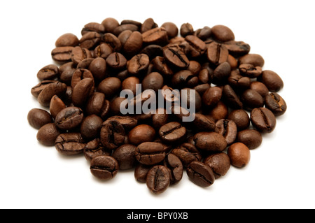 Geröstete Kaffeebohnen auf weißem Hintergrund Stockfoto