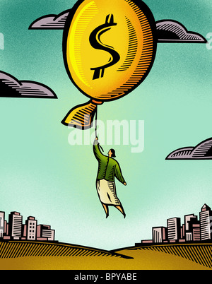 Eine Geschäftsfrau schweben durch einen Ballon mit einem Dollarzeichen Stockfoto