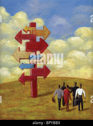 Abbildung einer Gruppe von Menschen stehen vor der Richtungspfeile Stockfoto