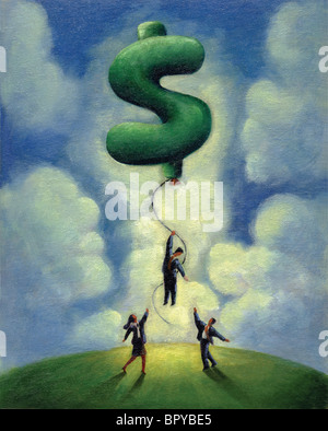 Geschäftsleute, die versuchen, einen Mann zu fangen, die entfernt an ein Dollarzeichen Ballon schwebt Stockfoto