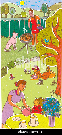 Eine Familie mit Tee und ein Barbecue in ihrem Hinterhof Stockfoto