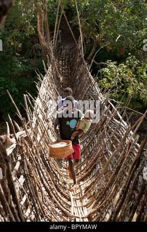 Traditioneller Korb Brücke, über die South Rukuru River, Kandewe Dorf, Rumphi Region, Malawi Stockfoto