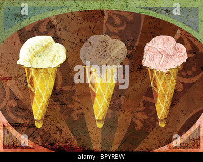 Drei Eis – Sahne Kegel in Vanille, Schokolade und Erdbeer-Varianten Stockfoto