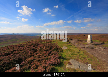 Walker, kurz vor dem hohen Neb trigonometrischen Punkt auf Stanage Edge auf den Yorkshire Derbyshire Grenze, Peak District National Park, England, UK. Stockfoto