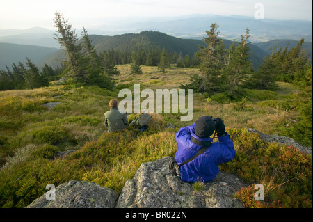 Zwei Wanderer eine Pause, genießen die Aussicht, Niederen Tatra, Slowakei Stockfoto