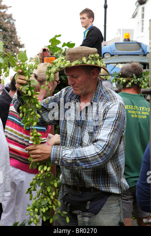 Ein Mann verkauft Hopfen bei Faversham Hop festival Stockfoto