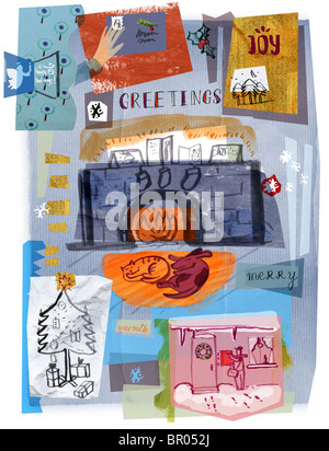 Eine Collage Illustration von Weihnachtskarten und Geschenken und Haustiere durch einen warmen Winter-Brand Stockfoto