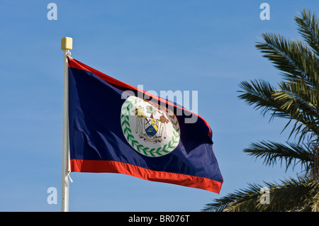 Belize Coat of Arms, nationale Flagge im Wind, Belize, Stockfoto