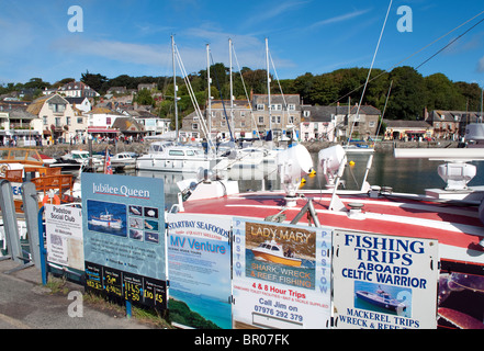 Segel- und Angeltouren beworben am Hafen in Padstow, Cornwall, uk Stockfoto