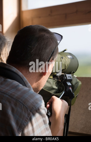 Vogelbeobachter aus innerhalb einer verstecken, mit einem Teleskop betrachten. Stockfoto