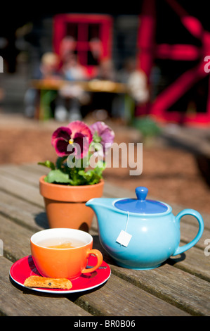 Tasse Tee in bunten Geschirr mit cookie Stockfoto