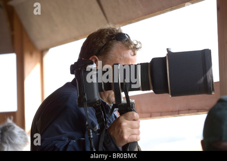 Vogel- und Fotograf. Verwendung von Bereitstellung von öffentlichen ausblenden auf ein Naturschutzgebiet. Norfolk. Stockfoto