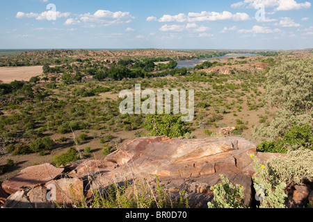 Confuence Site anzeigen, Zusammenfluss von Limpopo und Shashe, Mapungubwe National Park, Südafrika Stockfoto