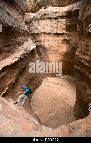 Mann Abseilen in Wüste Slotcanyon, Robbers Roost, Utah Stockfoto