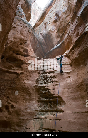 Mann Abseilen in Wüste Slotcanyon, Robbers Roost, Utah Stockfoto