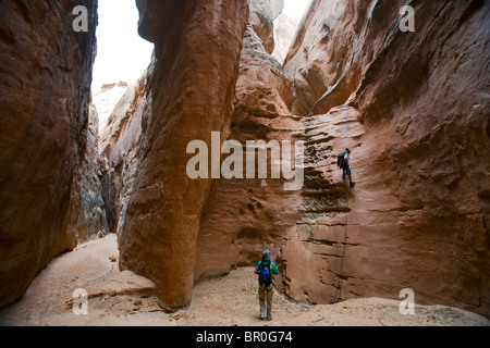 Mann Abseilen in Wüste Slotcanyon, Robbers Roost, Utah Stockfoto