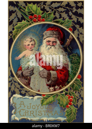 Vintage Weihnachtskarte Weihnachtsmann Holding Baby Jesus Stockfoto