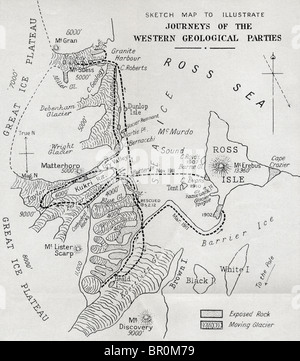 Karte zur Veranschaulichung Reisen der westlichen geologischen Parteien während Robert Falcon suggerieren British Antarctic Expedition 1910-1913 Stockfoto