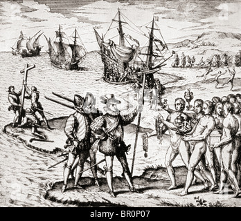 Die erste Landung des Kolumbus auf der Insel San Salvador, West Indies. Christopher Columbus c.1451, 1506. Stockfoto